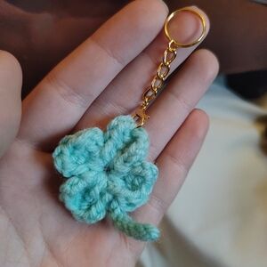 Handmade Mint Green Crochet Clover Keychain with Gold Hardware